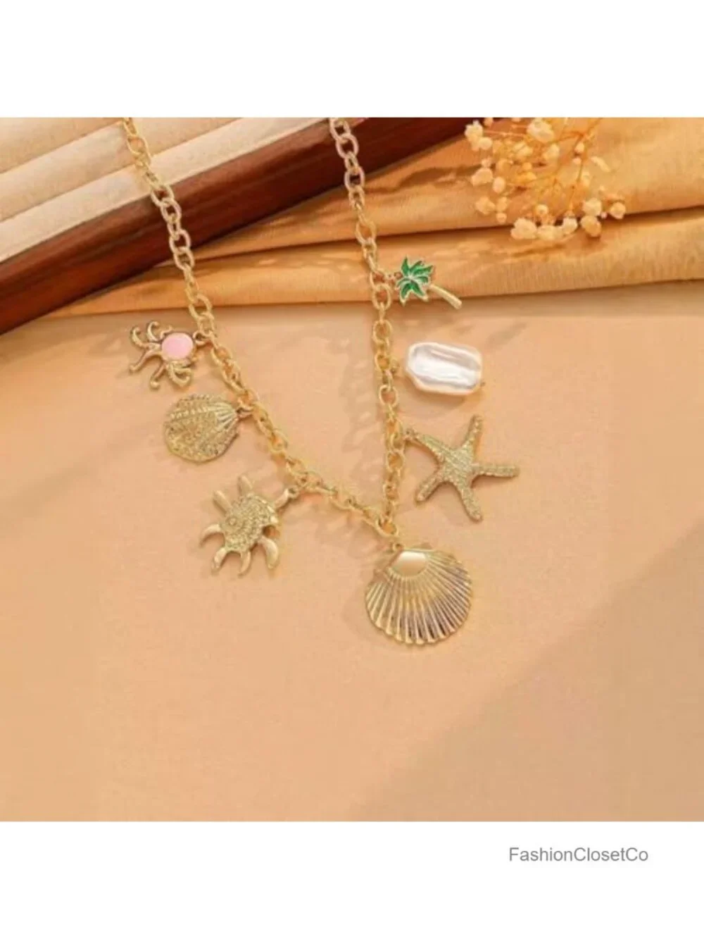 Vintage Boho Beach Charm Necklace - Chunky Gold Tone Statement Jewelry